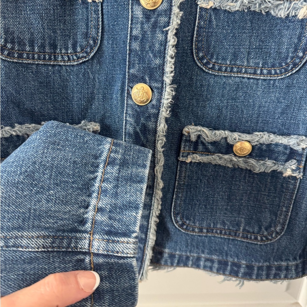 J. Crew Blue Denim Frayed Lady Day Jacket with Gold Buttons Size 8 - Picture 3 of 7